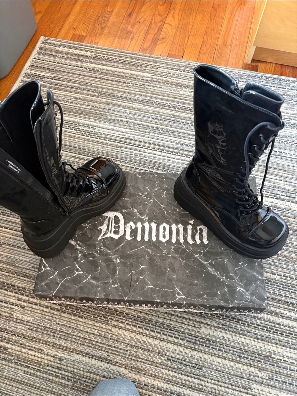 Black Patent Lace-Up Combat Boots - Women demonia - Picture 3 of 5